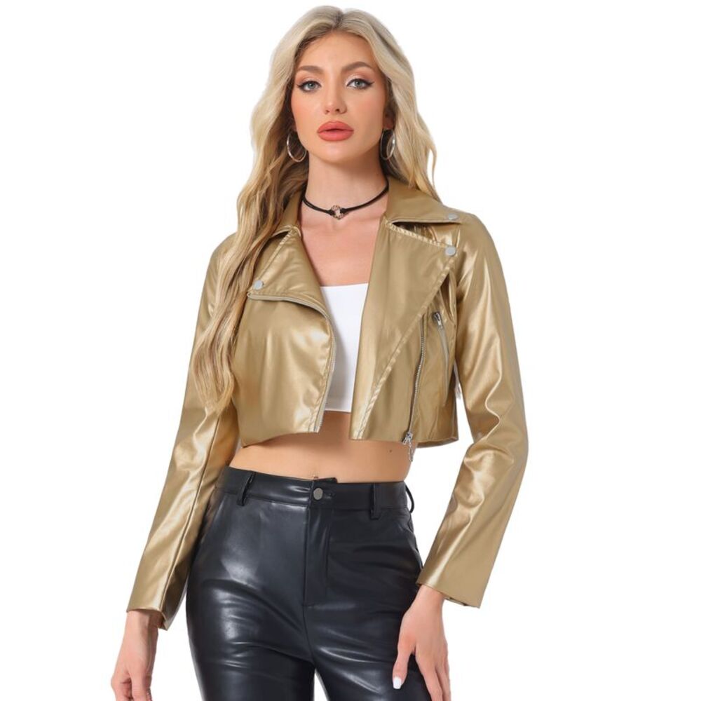Faux Leather Long Sleeve Zipper Up Moto Cropped Jacket Gold